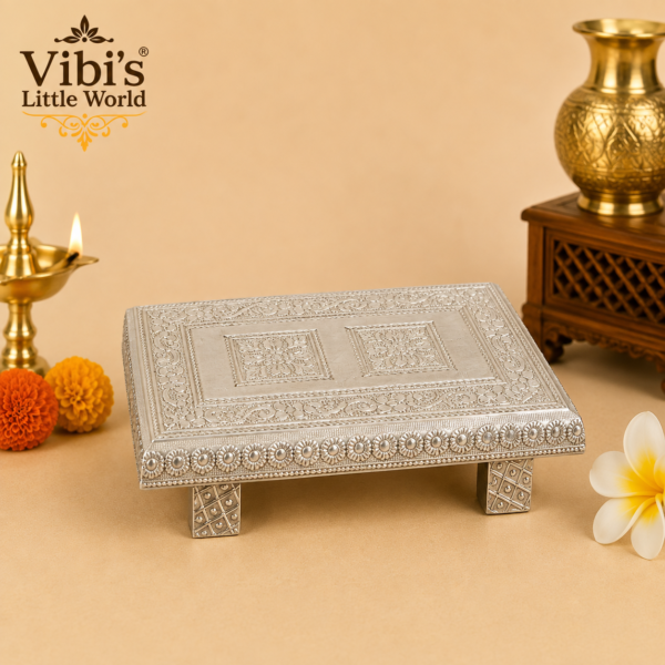 Wooden Pooja Peedam [Rectangle] [6 x 4 Inch] [Silver Cover]