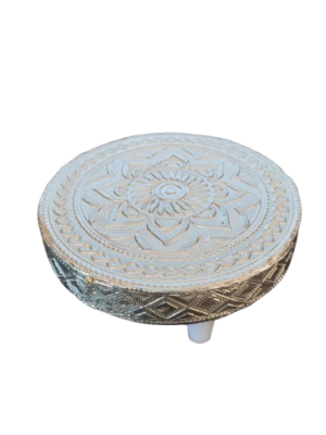 Wooden Pooja Peedam [Circle] [4.5 Inch] [Silver Cover]