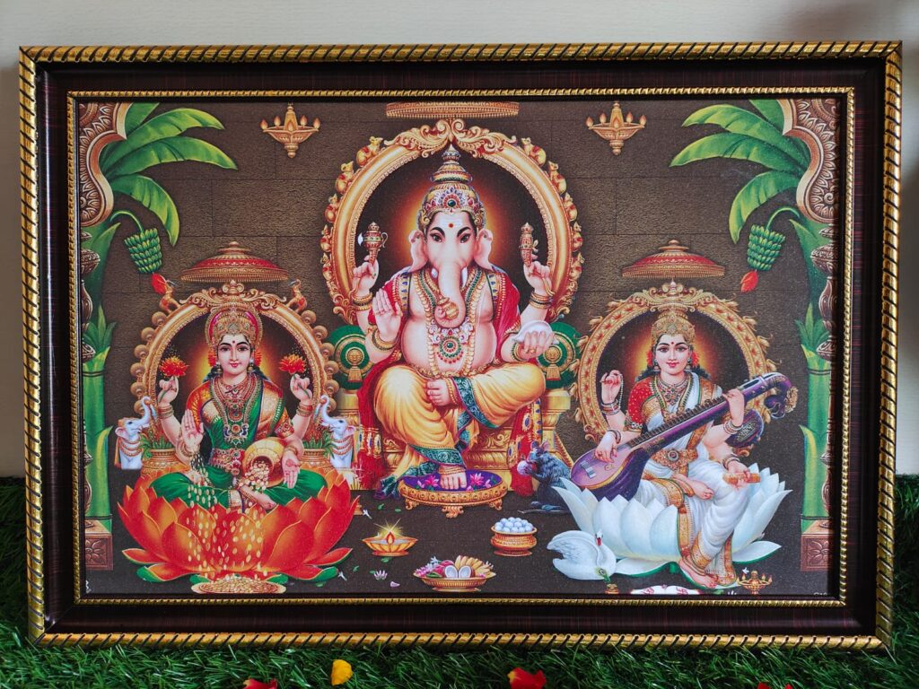 Ganesha, Lakshmi, and Saraswathi Photo Frame With Glitter Matt Finish [12 Inch x 18 Inch]