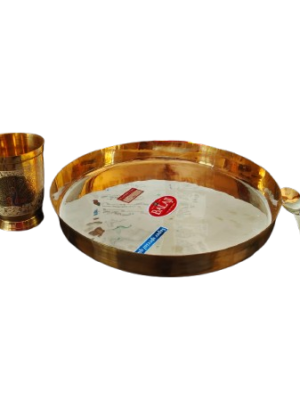 Bronze Set - (Heavy Bronze Plate [11.5 Inch] x 1, Bronze Tumbler With Peacock Enamel Design [4 Inch] [250ml] x 1, Bronze Spoon [6 Inch] x 1)