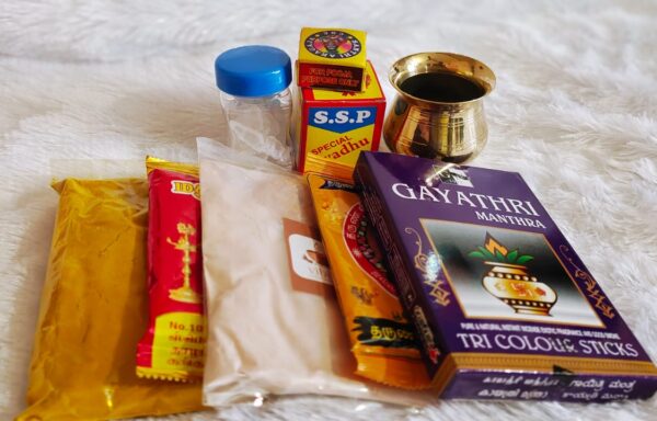 Kuladaiva Kalasam Combo [Small] (Brass Kalasam Small - 1, Thazhampoo Kumkumam - 1, Pure Sandal Powder - 1, Vibhuthi - 1, Kasthuri Manjal -1, GN GayathriMantra Dhoops -1, Javathu Powder Big - 1, Aragaja Ordinary - 1, Pacha Karpooram - 1)