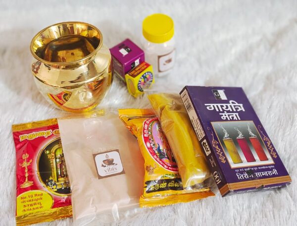 Kuladaiva Kalasam Combo [Large] (Brass Kalasam 300ml - 1, Thazhampoo Kumkumam - 1, Pure Sandal Powder - 1, Vibhuthi - 1, Kasthuri Manjal -1, GN GayathriMantra Dhoops -1, Javathu Powder Big - 1, Aragaja Ordinary - 1, Pacha Karpooram - 1)