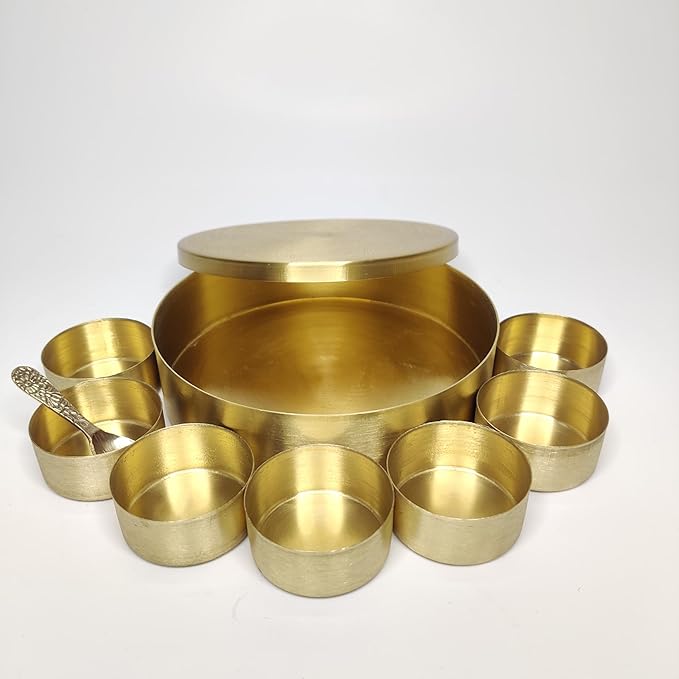Traditional Pure Brass Masala Box 6 Inches size with Spoon |7 Containers |Floral Engraving |Brass Masala Box| Anjarai Petti for Kitchen and Storage - Image 6
