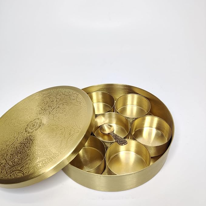 Traditional Pure Brass Masala Box 6 Inches size with Spoon |7 Containers |Floral Engraving |Brass Masala Box| Anjarai Petti for Kitchen and Storage - Image 3