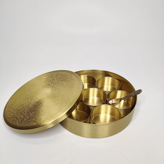 Traditional Pure Brass Masala Box 6 Inches size with Spoon |7 Containers |Floral Engraving |Brass Masala Box| Anjarai Petti for Kitchen and Storage - Image 7