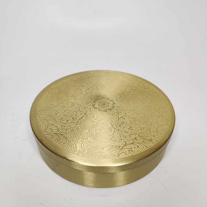 Traditional Pure Brass Masala Box 6 Inches size with Spoon |7 Containers |Floral Engraving |Brass Masala Box| Anjarai Petti for Kitchen and Storage