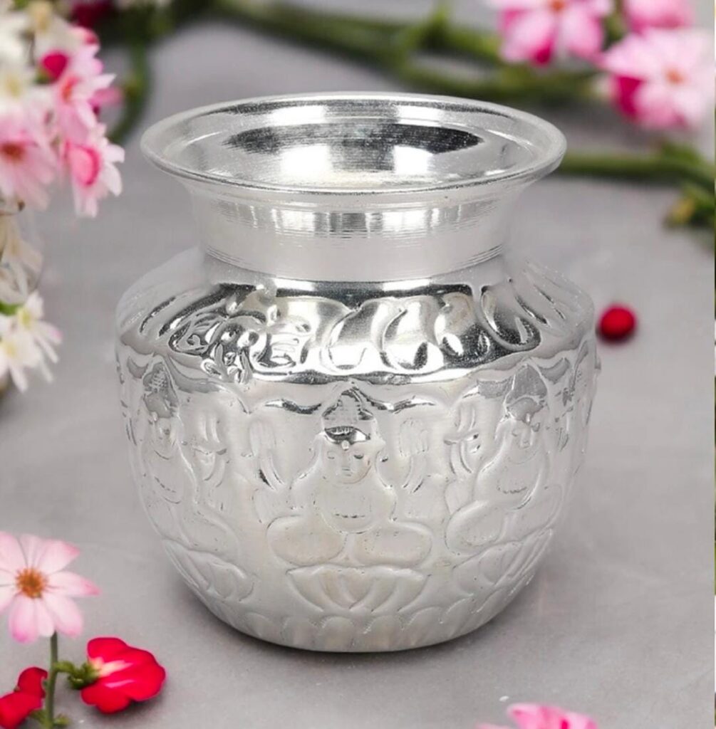 Lakshmi Kalasam [Pure Copper] [Silver Coated] [4.5 Inches Height] [4 Inches Width] – Traditional Kalash Pot for Pooja & Temple Use