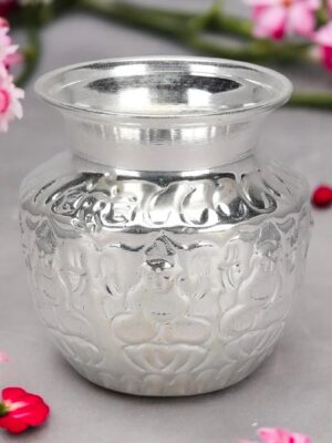 Lakshmi Kalasam [Pure Copper] [Silver Coated] [4.5 Inches Height] [4 Inches Width] – Traditional Kalash Pot for Pooja & Temple Use