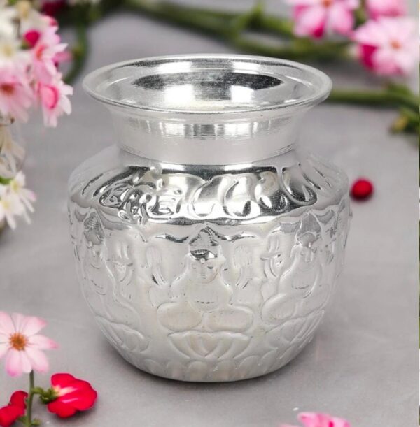 Lakshmi Kalasam [Pure Copper] [Silver Coated] [4.5 Inches Height] [4 Inches Width] – Traditional Kalash Pot for Pooja & Temple Use