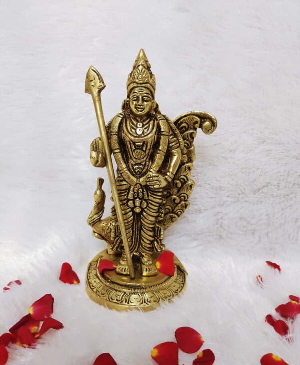 Murugan Idol With Big Feather Peacock [Brass] [7.5 Inch] [1.2kg] – Lord Murugan Brass Statue for Home Temple & Pooja