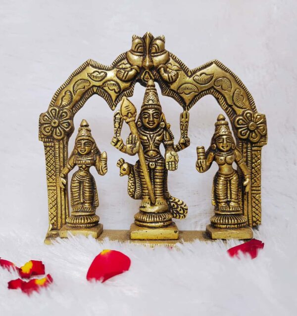 Murugan Statue With Valli and Devayani [Brass] [5.5 Inch] [780g] – Lord Murugan Brass Idol with Consorts for Home Temple & Pooja