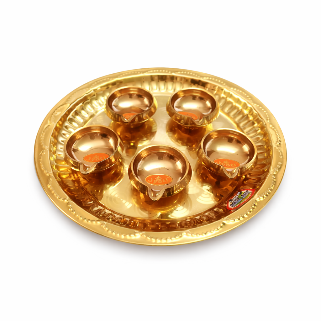 Premium Brahma Muhurtha Set – 1 Large Heavy Brass Plate with 5 Plain Kubera Vilakku – Auspicious Early Morning Pooja Set