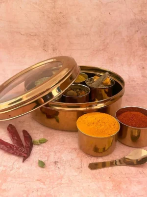 Pure Brass Airtight 7 Compartments Masala Box With Transparent Lid [Brass] [6 Inch] – Traditional Spice Box for Kitchen & Storage