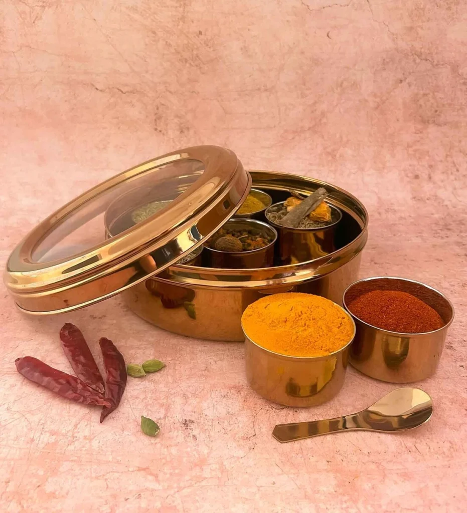 Pure Brass Airtight 7 Compartments Masala Box With Transparent Lid [Brass] [6 Inch] – Traditional Spice Box for Kitchen & Storage