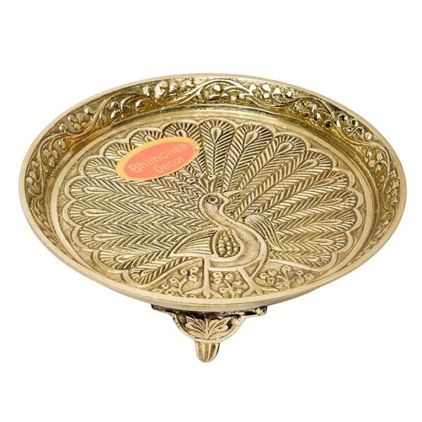 Brass Peacock Design Pin Tray Platform [Brass] [5 Inch] – Elegant Peacock Base for Pooja & Décor