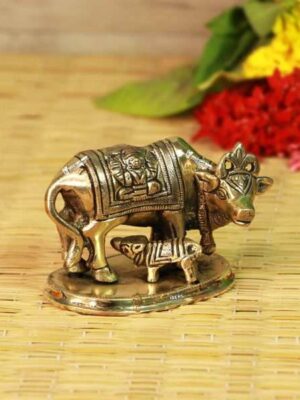 Brass Kamdhenu Cow with Calf Idol [2.5 Inch] – Auspicious Symbol of Prosperity, Nourishment & Divine Blessings