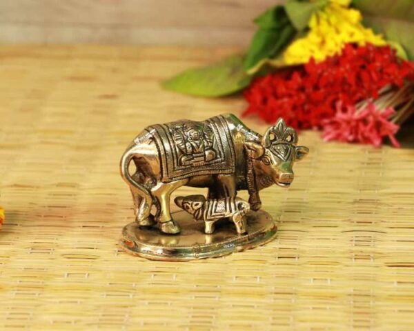 Brass Kamdhenu Cow with Calf Idol [2.5 Inch] – Auspicious Symbol of Prosperity, Nourishment & Divine Blessings