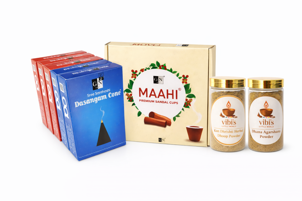Drishti Nivarana & Dhana Akarshana Combo With Sandal Cup Sambrani – Complete Protection & Prosperity Pooja Set