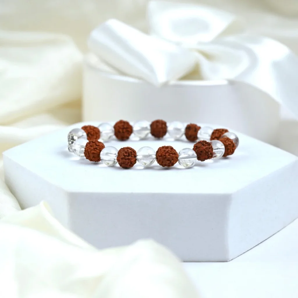 Rudraksh & Clear Quartz Bracelet [8mm] [Certified] – Sacred Bracelet for Purity, Protection & Energy Amplification