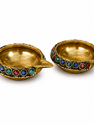 Kubera Vilaku With Stone Finish [1 Pair] [Brass] – Auspicious Brass Deepam for Wealth & Prosperity
