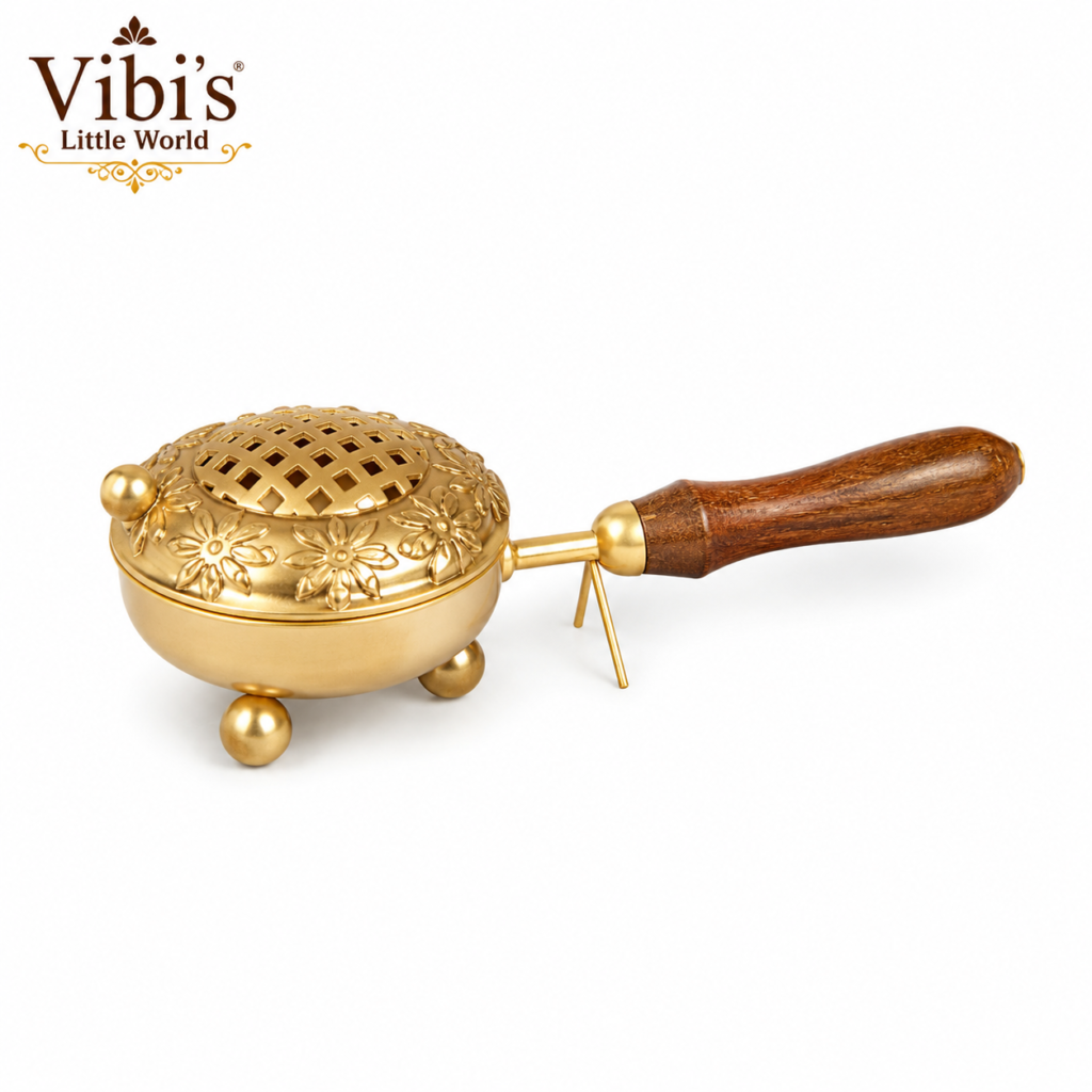Steel Dhoop Dhani With Wooden Handle [Golden Color]