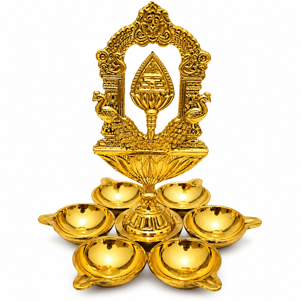 Aarumugam Vel Vilakku with Peacock Arch & 6 Agal Deepam Set [Premium Brass]