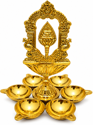 Aarumugam Vel Vilakku with Peacock Arch & 6 Agal Deepam Set [Premium Brass]